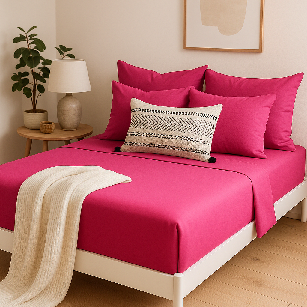 Çift Kişilik Lastikli Çarşaf Takımı %100 Pamuk - Fuşya