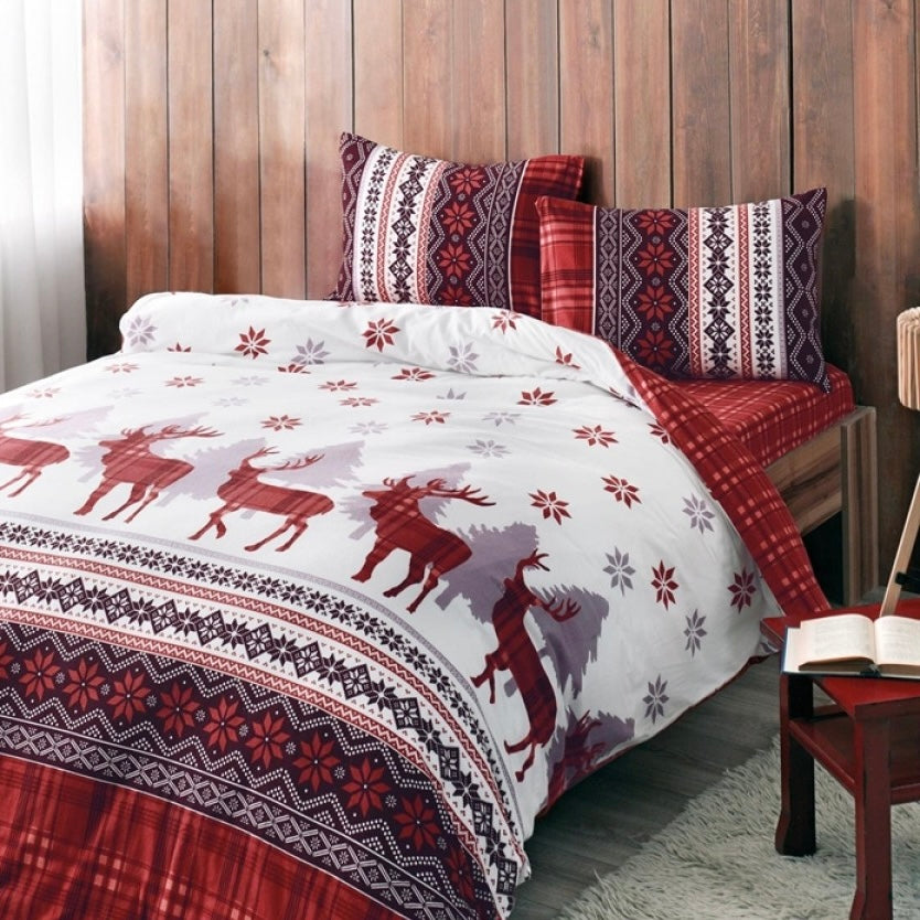 Taç Flanel (Pazen) Tek Kişilik Nevresim Takımı – %100 Pamuk, Snow Kırmızı