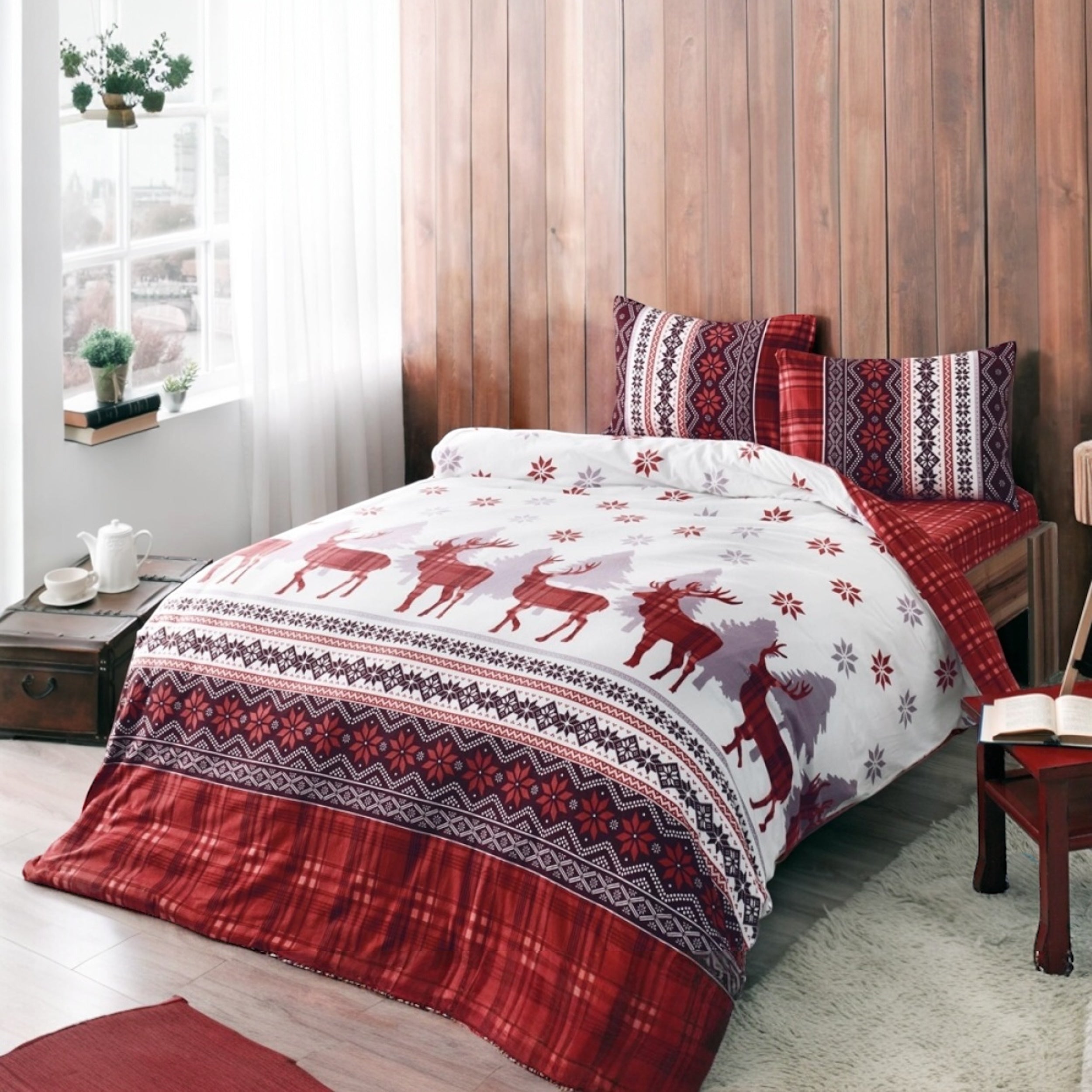 Taç Flanel (Pazen) Tek Kişilik Nevresim Takımı – %100 Pamuk, Snow Kırmızı