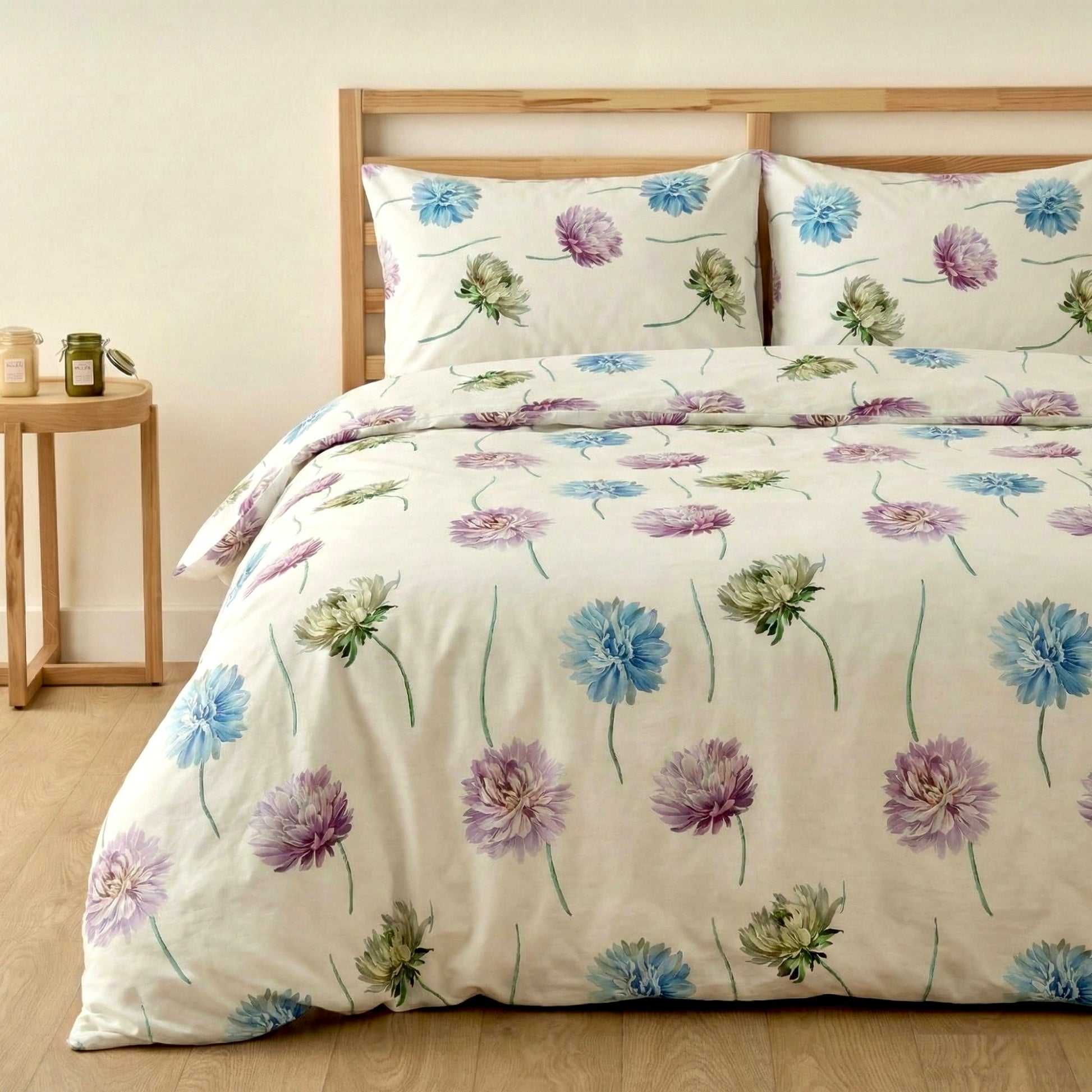 Modern Çiçek Desenli %100 Pamuk Çift Kişilik Nevresim Takımı Lastikli Çarşaflı Set