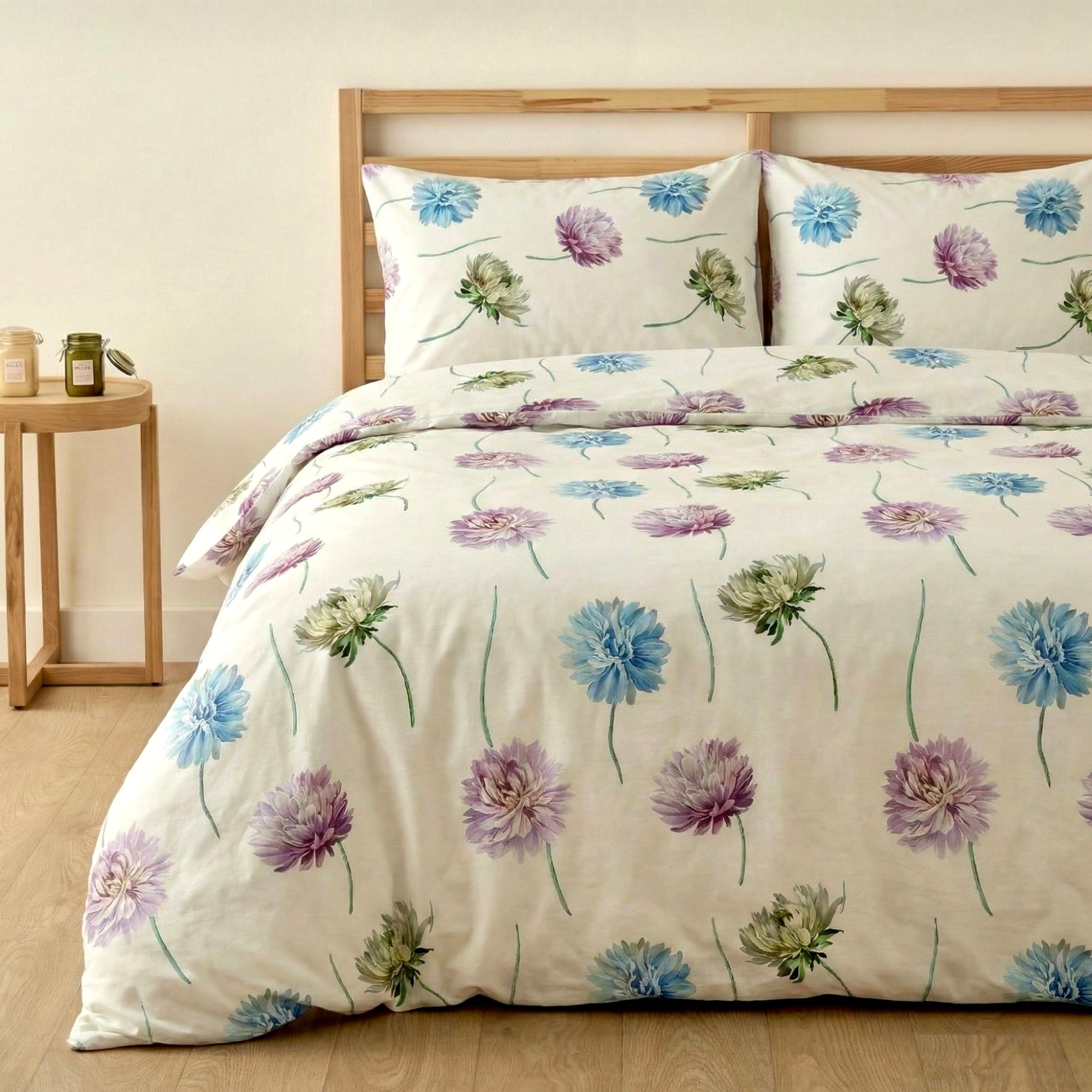 Modern Çiçek Desenli %100 Pamuk Çift Kişilik Nevresim Takımı Lastikli Çarşaflı Set