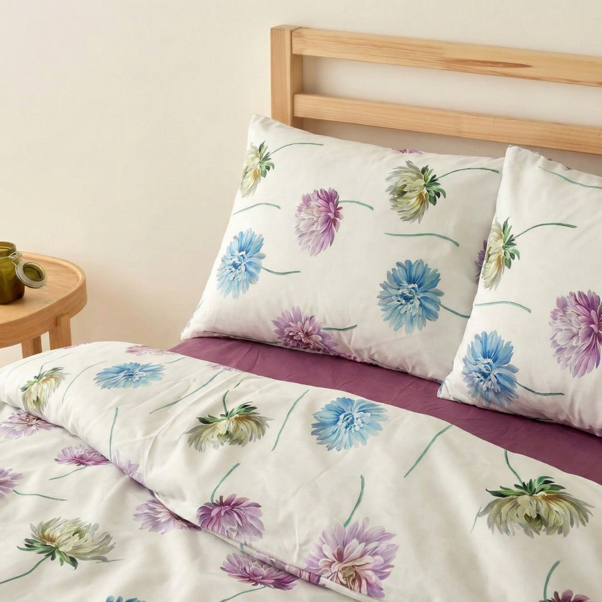 Modern Çiçek Desenli %100 Pamuk Çift Kişilik Nevresim Takımı Lastikli Çarşaflı Set