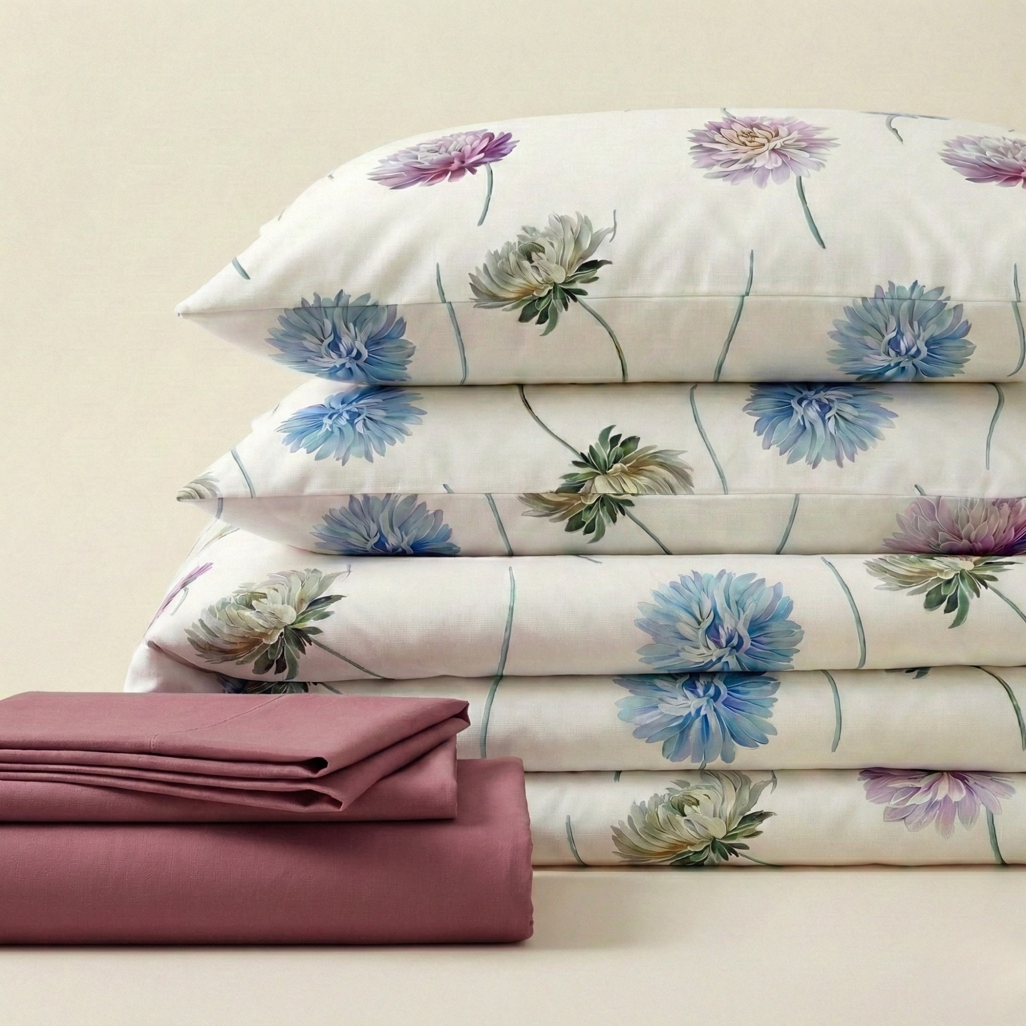 Modern Çiçek Desenli %100 Pamuk Çift Kişilik Nevresim Takımı Lastikli Çarşaflı Set