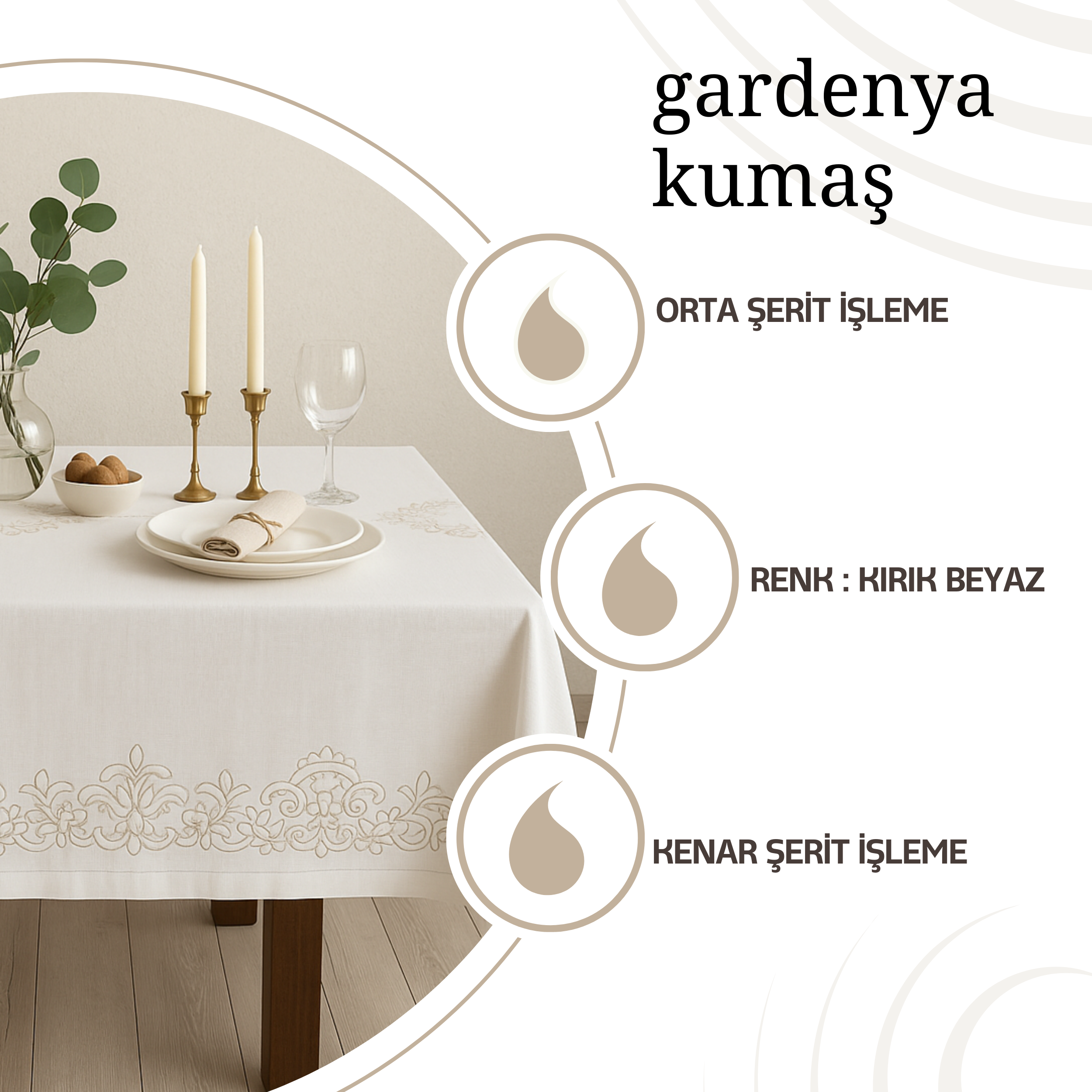 Gardenya İşlemeli Masa Örtüsü