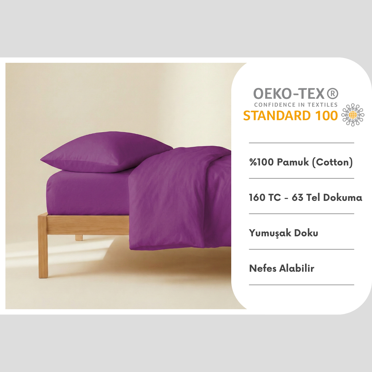 %100 Pamuk Ranforce Yastık Kılıfı Seti 2'li - Mor 50x70 cm