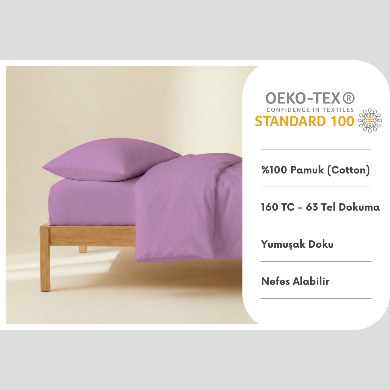 %100 Pamuk Ranforce Yastık Kılıfı Seti 2'li - Lila 50x70 cm