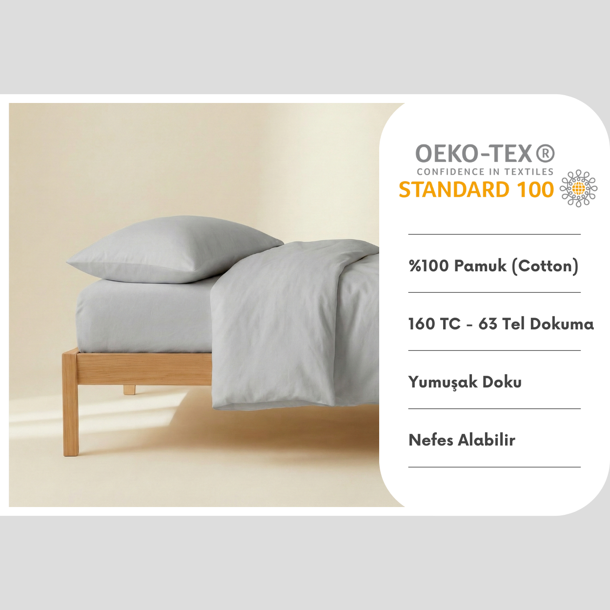 %100 Pamuk Ranforce Yastık Kılıfı Seti 2'li - Gri 50x70 cm