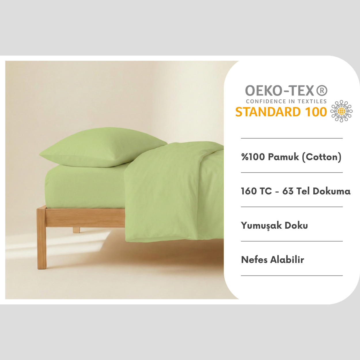 %100 Pamuk Ranforce Yastık Kılıfı Seti (2 Adet) - Fıstık Yeşili