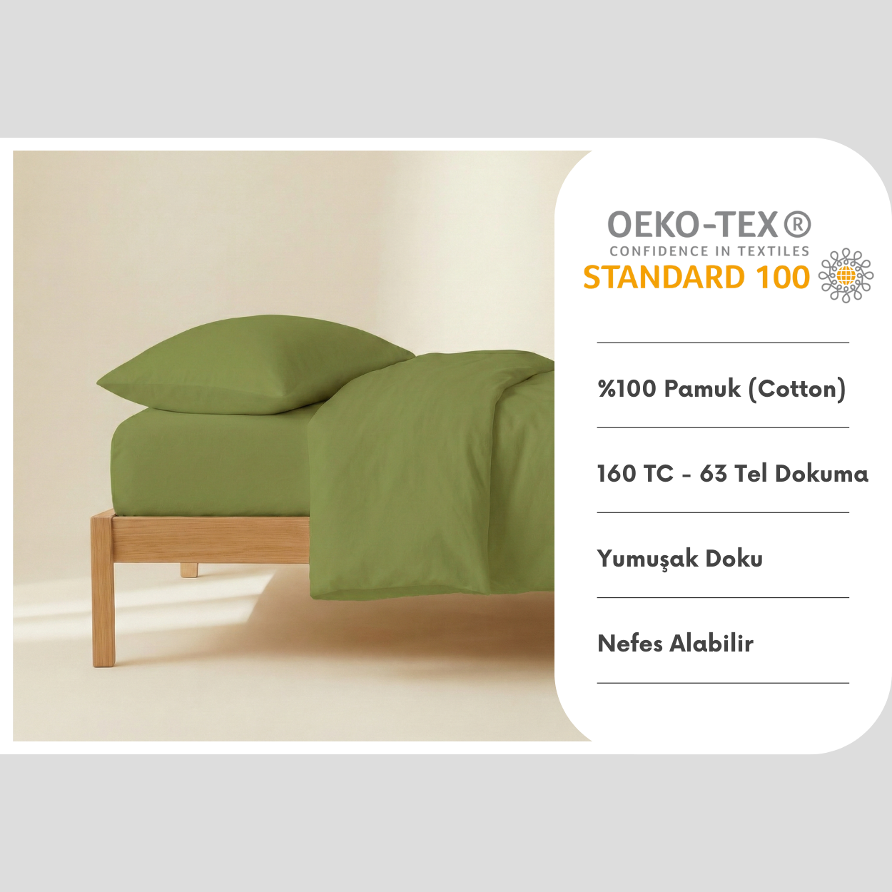 %100 Pamuk Ranforce Yastık Kılıfı Seti 2'li - Ceviz Yeşili 50x70 cm