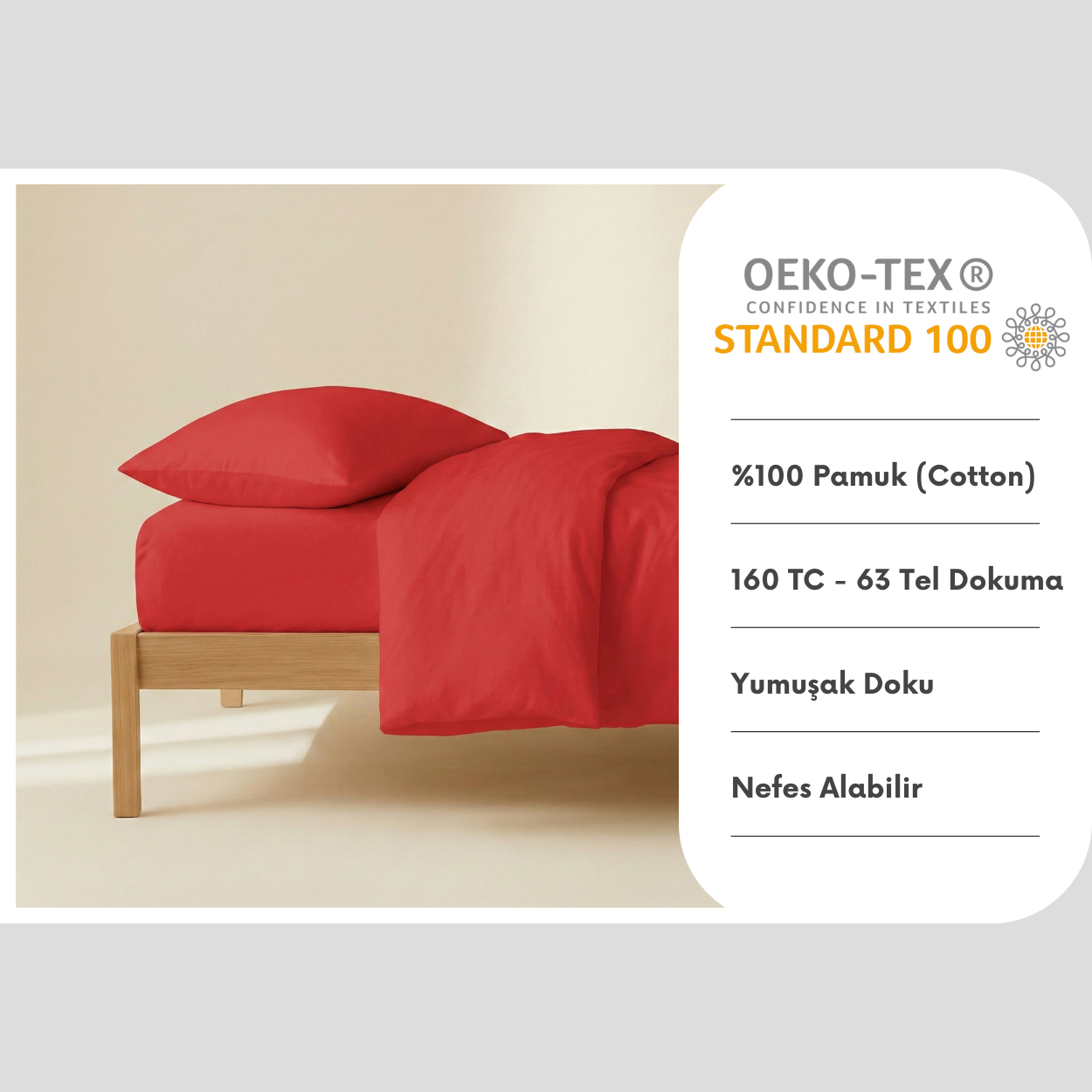 %100 Pamuk Ranforce Yastık Kılıfı Seti 2'li - Kırmızı 50x70 cm