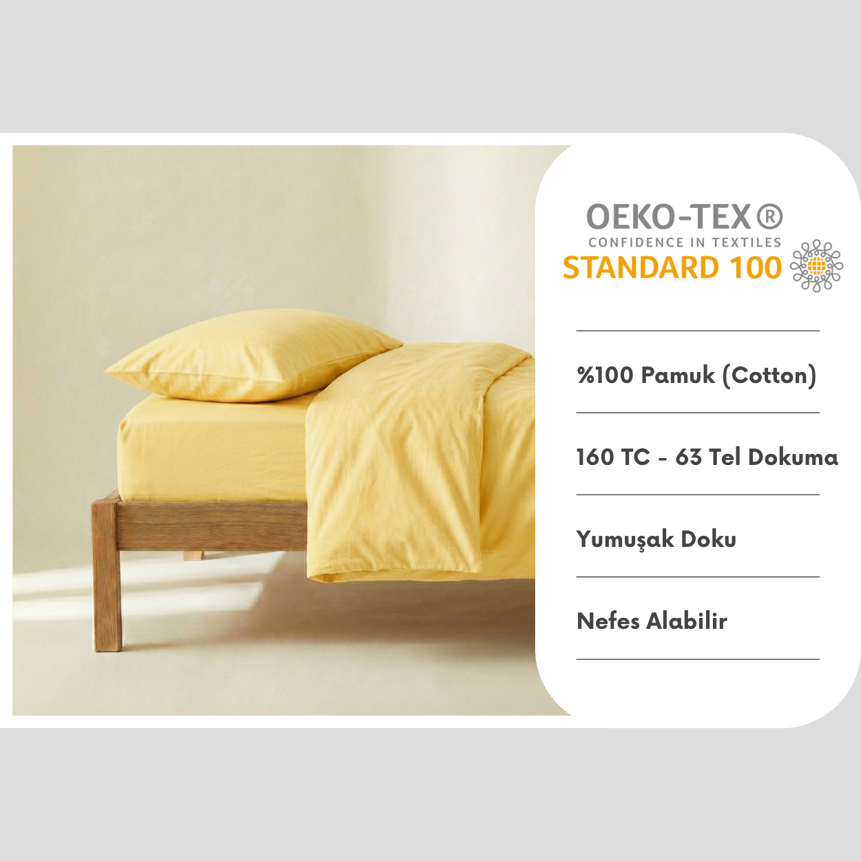 %100 Pamuk Ranforce Yastık Kılıfı Seti 2'li - Sarı 50x70 cm